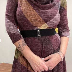 Cowl-Neck Stretch Velour Belted Plaid Midi